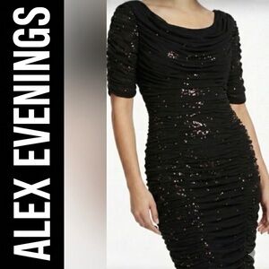 ALEX EVENINGS- Dress - Shimmering Rose Sequin Covered Ruches Black Chiffon SZ 6